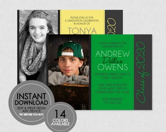 May include: Green and black graduation announcement with a photo of a young man wearing a green baseball cap. The announcement says "Come celebrate the graduation of Andrew Dallas Owens, Saturday, Friday, June 15, 5:00-8:00 PM, Lake Ann Pavilion, 12345 West 78th St., Chanhassen, MN 12345, RSVP Jennifer 777-666-555, Class of 2020".