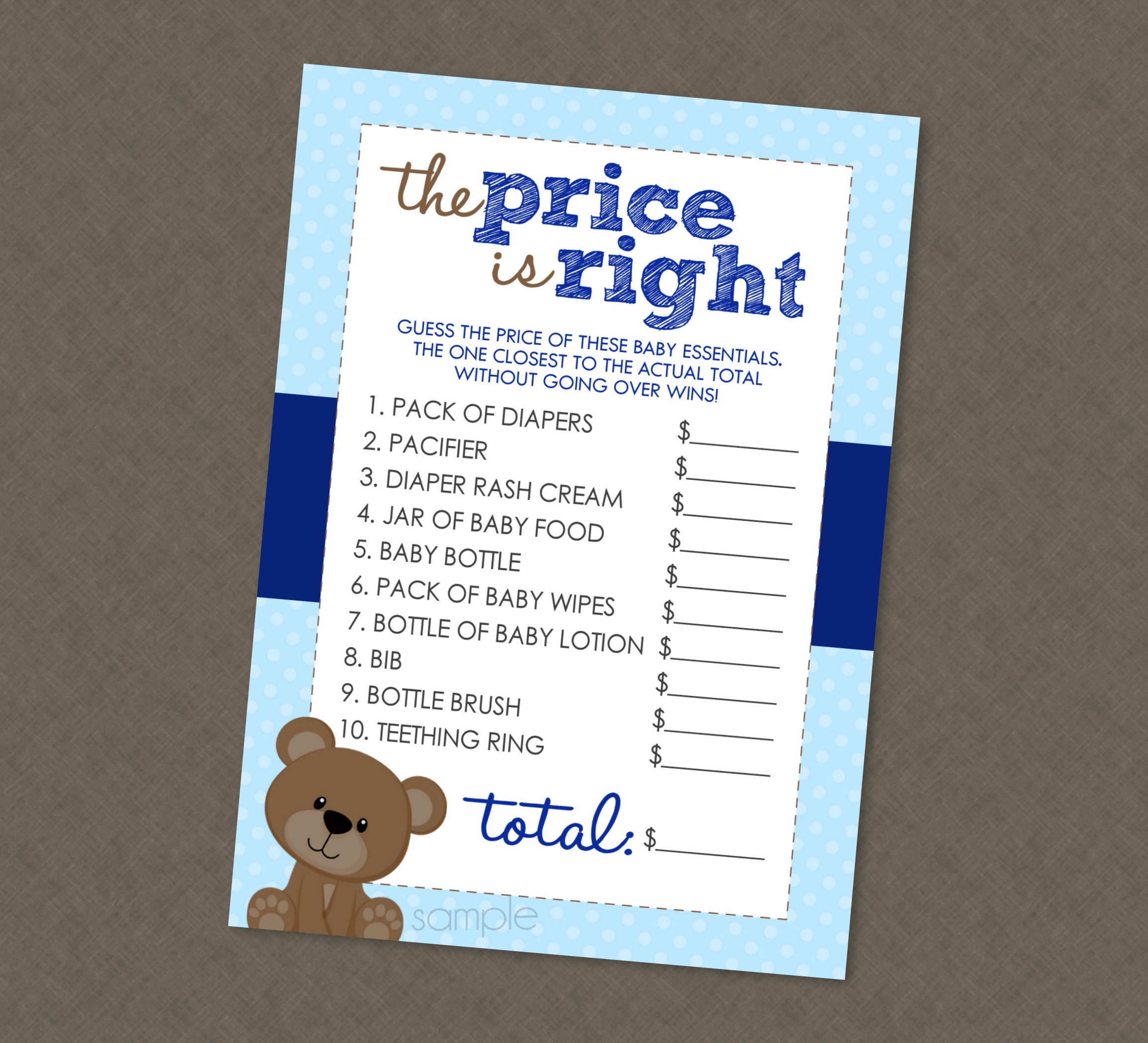 Teddy Bear Price is Right Baby Shower Game INSTANT DOWNLOAD Bear