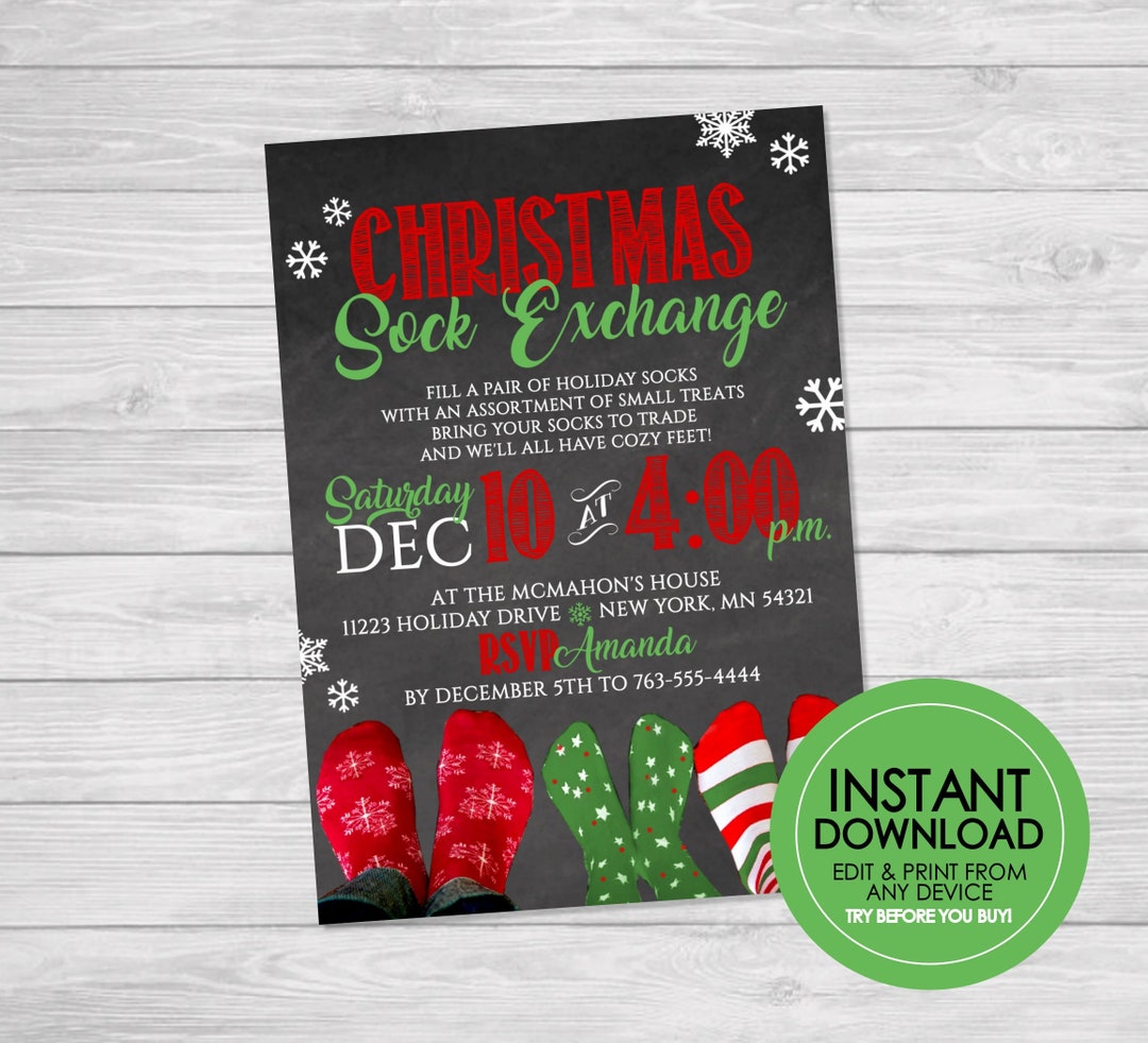 Christmas Sock Exchange Invitation EDITABLE INSTANT DOWNLOAD Holiday