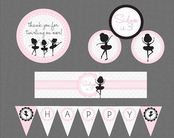 Ballerina Mini Party Pack, Dance Birthday, Ballerina Party Decorations, Banner, Water Wrappers, Cupcake Toppers, Favor Tags