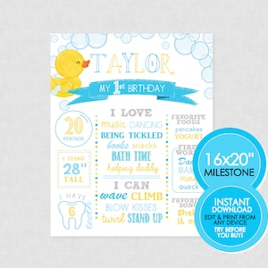 Quietscheentchen-Meilenstein Poster - EDITIERBARER SOFORTIGER DOWNLOAD - Gummiente, Geburtstagsschild, erster Geburtstag, Fotorequisite, Ente 1. Geburtstag