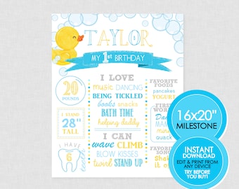 Rubber Duck Milestone Poster - EDITABLE INSTANT DOWNLOAD - Rubber Ducky, Birthday Sign, First Birthday, Photo Prop, Duck 1st Birthday