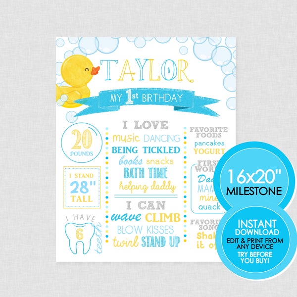 Rubber Duck Milestone Poster - EDITABLE INSTANT DOWNLOAD - Rubber Ducky, Birthday Sign, First Birthday, Photo Prop, Duck 1st Birthday