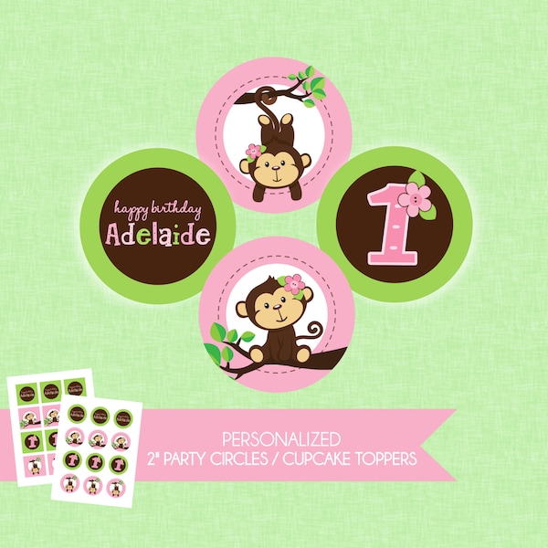 Girl Monkey Birthday Cupcake Toppers / Party Circles, Monkey Girl Birthday, Cupcake Toppers, Birthday Decorations, Pink Monkey