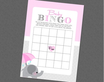 Elephant Baby Shower Bingo - INSTANT DOWNLOAD - Pink Elephant Shower Games, Elephant Baby Bingo, Gift Bingo, Girl Elephant