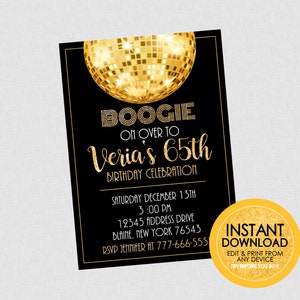 May include: A black and gold birthday invitation with a disco ball graphic. The invitation reads "Boogie on over to Veria's 65th Birthday Celebration". The invitation includes the date, time, address, and RSVP information.