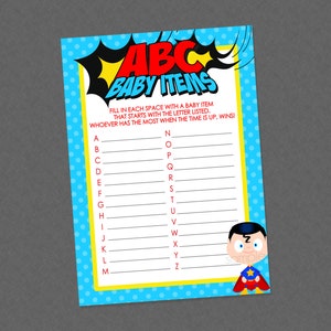 Superhero ABC Baby Items Shower Game - INSTANT DOWNLOAD - Superhero Baby Shower Games, Baby Item Game, Super Hero