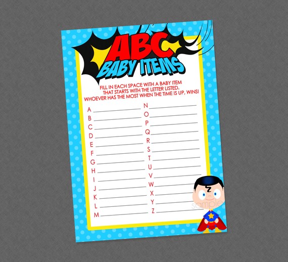 Superhero ABC Baby Items Shower Game INSTANT DOWNLOAD
