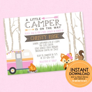 Pink Little Camper Baby Shower Invitation - Editable Instant Download - Woodland Baby Shower, RV Camper, Pink, Forest Animals, Girl