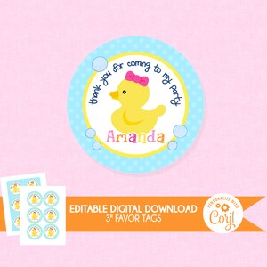 Girl Rubber Duck Favor Tags - EDITABLE INSTANT DOWNLOAD - Rubber Duckie Thank You Tag, Ducky Favor Tag, Rubber Duck Birthday Party, Pink