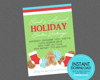 Può includere: Invito per uno scambio di biscotti natalizi con sfondo verde e testo rosso. L'invito include illustrazioni di biscotti, un omino di pan di zenzero e una calza. Il testo recita "Carol's Annual Holiday Cookie Exchange".