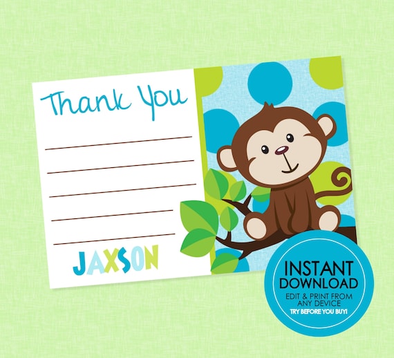 Monkey Birthday Thank You EDITABLE INSTANT DOWNLOAD Monkey - Etsy