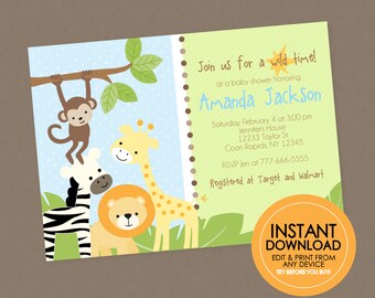 Jungle Baby Shower Invitation - EDITABLE INSTANT DOWNLOAD - Safari Baby Shower Invites, Jungle Animal Shower Invite, Zoo, Safari Animals