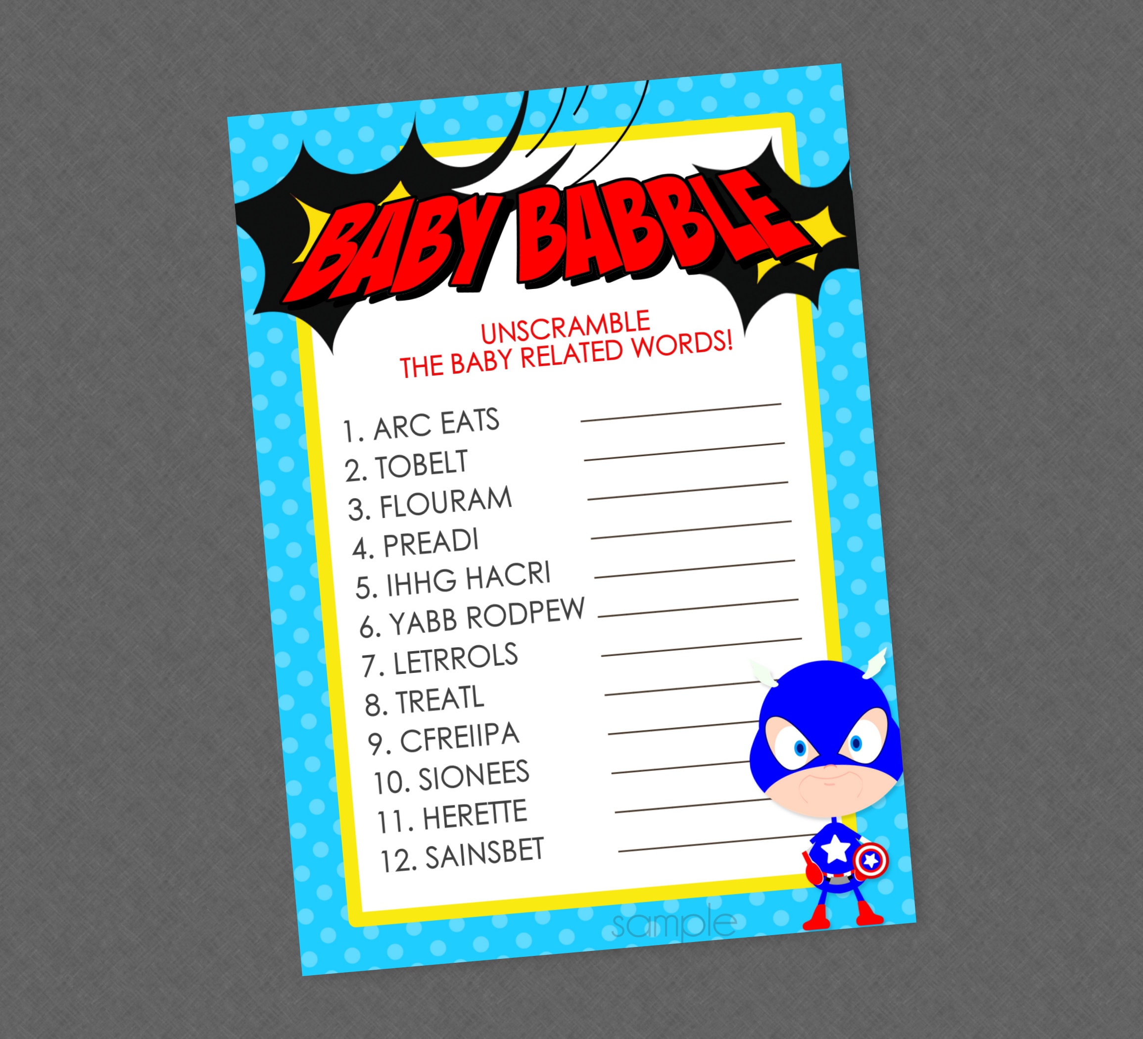 Superhero baby word unscramble shower game instant download superhero
