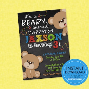 Teddy Bear Birthday Invitation - EDITABLE INSTANT DOWNLOAD - Bear Birthday Invitations, Teddy Bear Party, Great For Build A Bear Parties