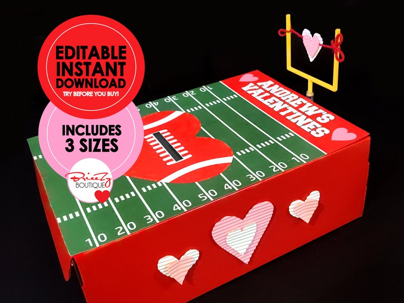 May include: A red box with a football field design and heart-shaped cutouts. The box has the text "ANDREW'S VALENTINES" and includes the text "EDITABLE INSTANT DOWNLOAD" and "INCLUDES 3 SIZES". A small goalpost is also present.