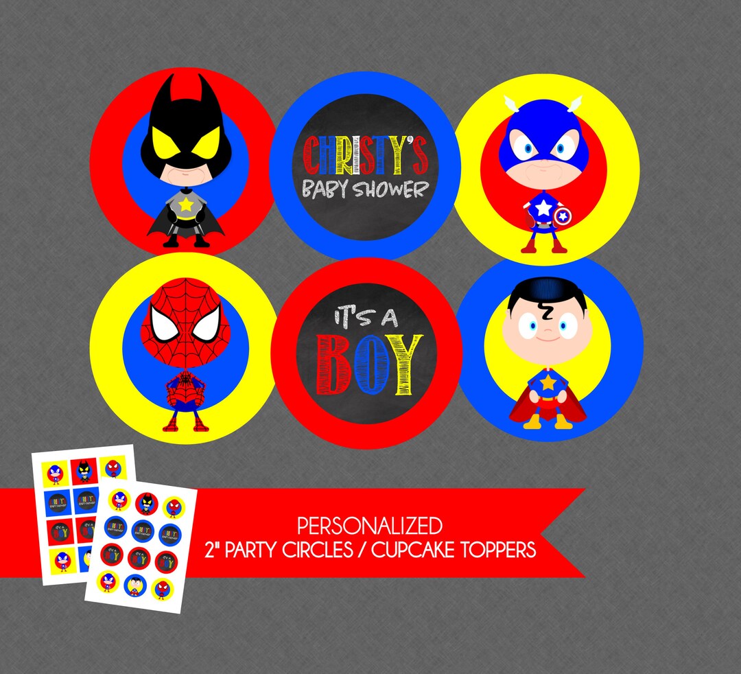 Superhero Baby Shower Cupcake Toppers / Party Circles, Superhero Baby