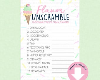 Ice Cream Flavor Unscramble Party Game (Digital Download) - Bridal Shower Games, Baby Shower, Ice Cream Social, Scooped Up