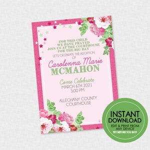 Floral Adoption Invitation - EDITABLE INSTANT DOWNLOAD - Adoption Celebration, Adoption Party Invites, Pink, Flowers, Adoption, Floral