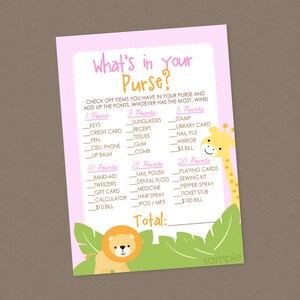 Girl Safari What&#39;s In Your Purse Baby Shower Game - INSTANT DOWNLOAD - Jungle Shower Games, Safari Baby Shower, Purse Game, Zoo, Pink