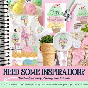 Op de afbeelding: Een verzameling feestartikelen en decoraties met een ijsthema. Inclusief uitnodigingen, cadeaulabels en decoratieve ijsvormige potten. De tekst "She's been Scooped Up!" is zichtbaar op verschillende items. Het kleurenpalet is pastelroze, groen en geel.