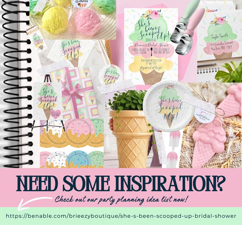Op de afbeelding: Een verzameling feestartikelen en decoraties met een ijsthema. Inclusief uitnodigingen, cadeaulabels en decoratieve ijsvormige potten. De tekst "She's been Scooped Up!" is zichtbaar op verschillende items. Het kleurenpalet is pastelroze, groen en geel.