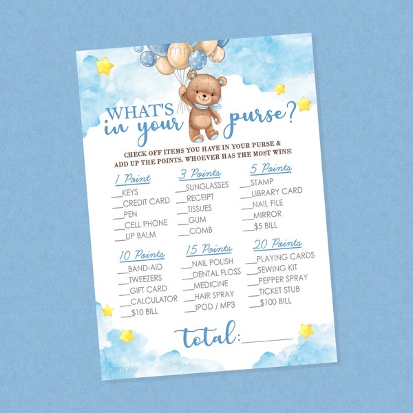 Bear What's In Your Purse Baby Shower Game - INSTANT DOWNLOAD - Bear Shower Games, Purse Game, Bearly Wait, Balloon, Clouds, Sky, Boy, Tan