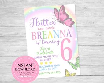 Pastel Rainbow Butterfly Birthday Invitations - EDITABLE INSTANT DOWNLOAD - Butterfly Birthday Invites, Butterfly Party Invite, Rainbow