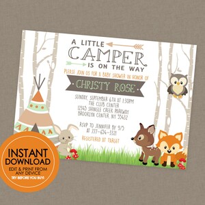 Woodland Baby Shower Invitation - EDTIABLE INSTANT DOWNLOAD - Woodland Baby Shower Invites, Forest Animals, Teepee, Tent, Little Camper