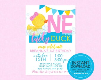 May include: A pink and blue birthday invitation with a yellow rubber ducky in a bathtub. The invitation says "One Lucky Duck" and includes the text "come celebrate Breanna's 1st Birthday".