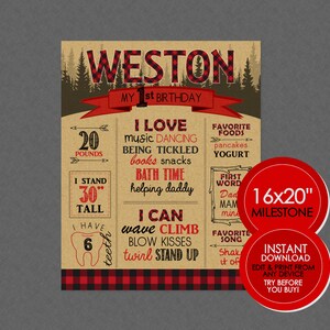 Lumberjack Birthday Milestone Poster - EDITABLE INSTANT DOWNLOAD - Birthday Sign, Lumberjack Birthday, Chalkboard Poster, Flannel, Forest