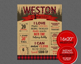 Lumberjack Birthday Milestone Poster - EDITABLE INSTANT DOWNLOAD - Birthday Sign, Lumberjack Birthday, Chalkboard Poster, Flannel, Forest