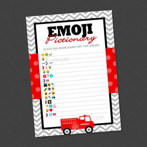 Firetruck Emoji Pictionary Baby Shower Game - INSTANT DOWNLOAD - Firetruck Baby Shower Games, Emoji Game, Firefighter, Pictionary