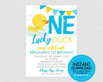 One Lucky Duck Watercolor Rubber Ducky Birthday Invitation - EDITABLE INSTANT DOWNLOAD - Duck Birthday Invite, Duck 1st Birthday Invitations