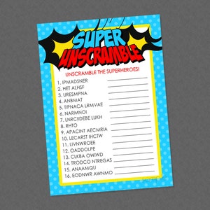 Superhero Unscramble Baby Shower Game - INSTANT DOWNLOAD- Superhero Shower Games, Super Hero, Unscramble, Scramble, Superhero Game, Party