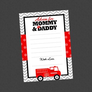 Conseils de camion de pompier pour maman et papa cartes de baby shower - TÉLÉCHARGEMENT IMMÉDIAT - cartes de conseils de camion de pompier, camion de pompier, pompier, future maman