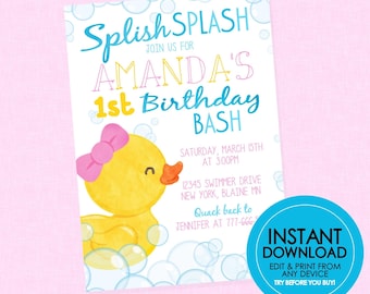 Girl Rubber Duck Birthday Invitation - EDITABLE INSTANT DOWNLOAD - Girl Ducky Birthday Invite, Pink Bow Rubber Duckie Birthday Invitations