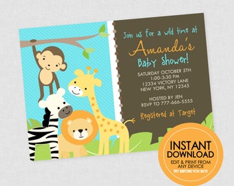 Jungle Baby Shower Invitation  - INSTANT DOWNLOAD - Edit & Print From Any Device, Safari Baby Shower Invites, Jungle, Safari Animals, Zoo