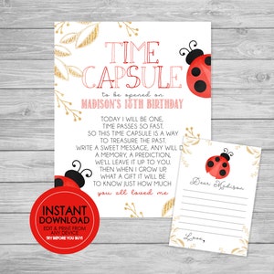 Capsula del tempo per il primo compleanno di Coccinella ad acquerello - DOWNLOAD IMMEDIATO MODIFICABILE - Capsula del tempo per il primo compleanno di Coccinella, Compleanno di Coccinella, 1° compleanno, Biglietto con insegna