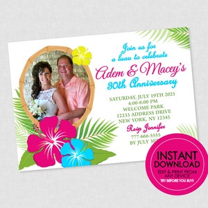 Luau Party Invitation  - EDITABLE INSTANT DOWNLOAD - Anniversary, Engagement, Birthday, Baby Shower, Retirement, Hawaiian