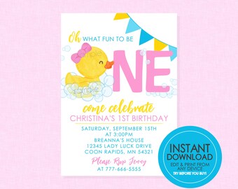May include: A pink and yellow birthday invitation with a cartoon rubber ducky in a bathtub with bubbles. The invitation says "Oh what fun to be one, come celebrate Christina's 1st birthday". The invitation includes the date, time, and location of the party. It also includes the text "Please RSVP Jenny at 777-666-5555".