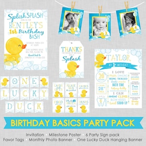 Rubber Duck Birthday Basics Party Pack - INSTANT DOWNLOAD - Invitation, Party Signs, Milestone, Favor Tags & 2 Hanging Banners