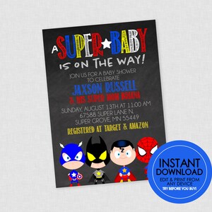 Superhero Baby Shower Invitation - INSTANT DOWNLOAD - Super Hero Shower Invites, Superhero Shower Invite, Superheroes Baby Shower