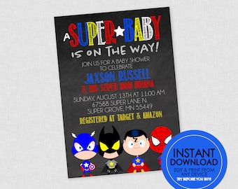 Superhero Baby Shower Invitation - INSTANT DOWNLOAD - Super Hero Shower Invites, Superhero Shower Invite, Superheroes Baby Shower
