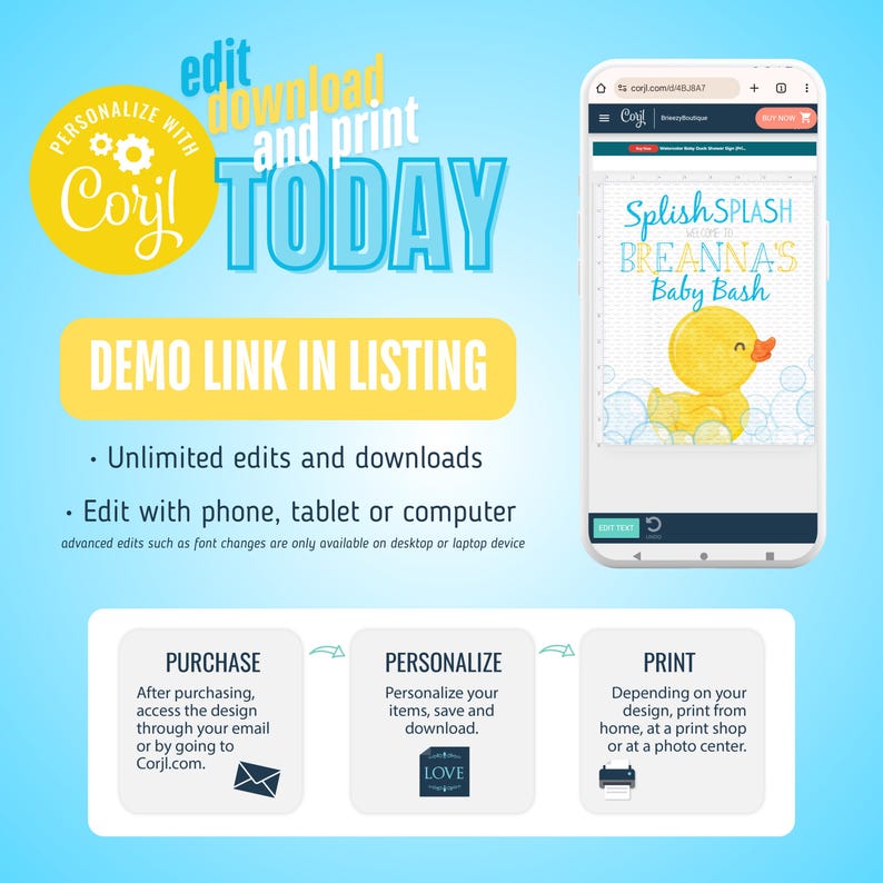 May include: A digital design template for a baby shower invitation, displayed on a smartphone. The design features a yellow rubber duck and the text "Splish Splash Breanna's Baby Bash". Instructions for purchase, personalization, and printing are also included.