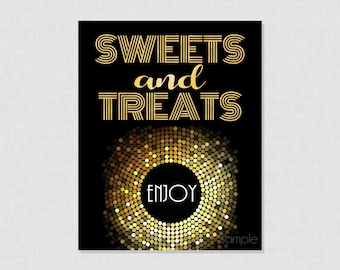 Disco Sweets and Treats Party Sign - INSTANT DOWNLOAD - Adult Disco, Disco Birthday Party, Favor Sign, Treat Sign, 60s, 70s, Gold, Glitter