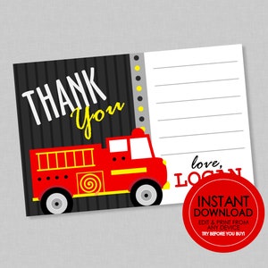 Firetruck Thank You EDITABLE INSTANT DOWNLOAD Fire Engine, Fire Truck Thank You Cards, Firefighter, Firetruck Thank You Note image 1