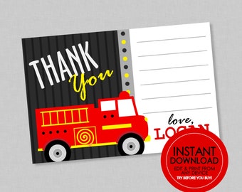 Firetruck Thank You - EDITABLE INSTANT DOWNLOAD - Fire Engine, Fire Truck Thank You Cards, Firefighter, Firetruck Thank You Note