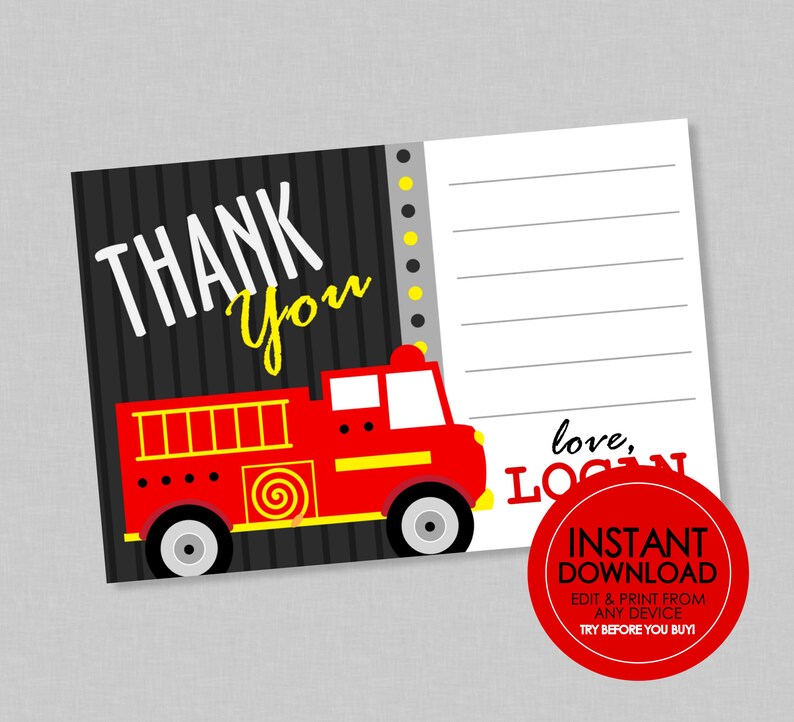 Firetruck Thank You EDITABLE INSTANT DOWNLOAD Fire Engine, Fire Truck Thank You Cards, Firefighter, Firetruck Thank You Note image 1