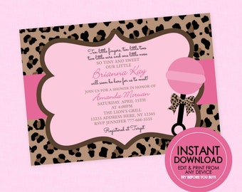 Leopard and Pink Baby Shower Invitation - INSTANT DOWNLOAD - Edit & Print From Any Device, Girl Baby Shower Invitations, Animal Print